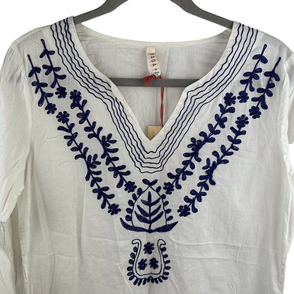 NWT Raga LA Womens S Floral White/Blue Linen Embroidered Boho 3/4 Sleeve Blouse - Picture 2 of 8